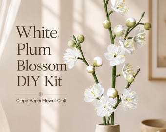 DIY Paper Flower Kit, White Plum Blossom Branch, Korean Crepe Paper Craft, Video Tutorial