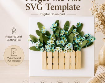 Vergissmeinnicht Blume SVG Vorlage, Papierblume Blüte und Blatt Schneidedatei, DIY Leinwand Rahmen Wandkunst, Cricut Silhouette digitaler Download