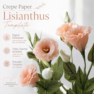 Könnte beinhalten: Ein digitaler Download für eine Krepppapier-Lisianthus-Vorlage mit dem Text Crepe Paper Lisianthus Template, Digital Download, Video Tutorial Included und Printable Template. Das Bild zeigt pfirsichfarbene Papierblumen.