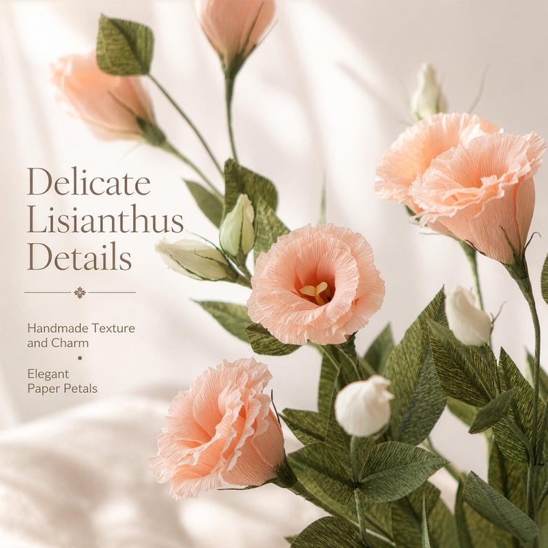May include: A bouquet of handcrafted paper lisianthus flowers with ruffled peach-coloured petals and textured green leaves. The image includes the text: Delicate Lisianthus Details, Handmade Texture and Charm, Elegant Paper Petals.