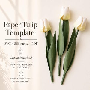 Puede incluir: Una plantilla de tulipán de papel con tres flores de tulipán de color crema y hojas verdes. El texto de la imagen dice "Paper Tulip Template" y "SVG + Silhouette + PDF". También dice "Instant Download" y "For Cricut, Silhouette & Hand Cutting".