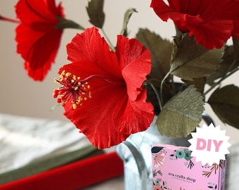 手作りクレープ紙のハイビスカスの花の茎セット、トロピカルな