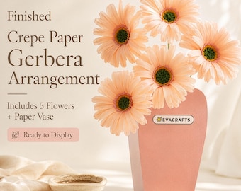 Finished Crepe Paper Gerbera Daisy Arrangement, 5 Flowers, Pink Vase, Ready-to-Display Home Decor