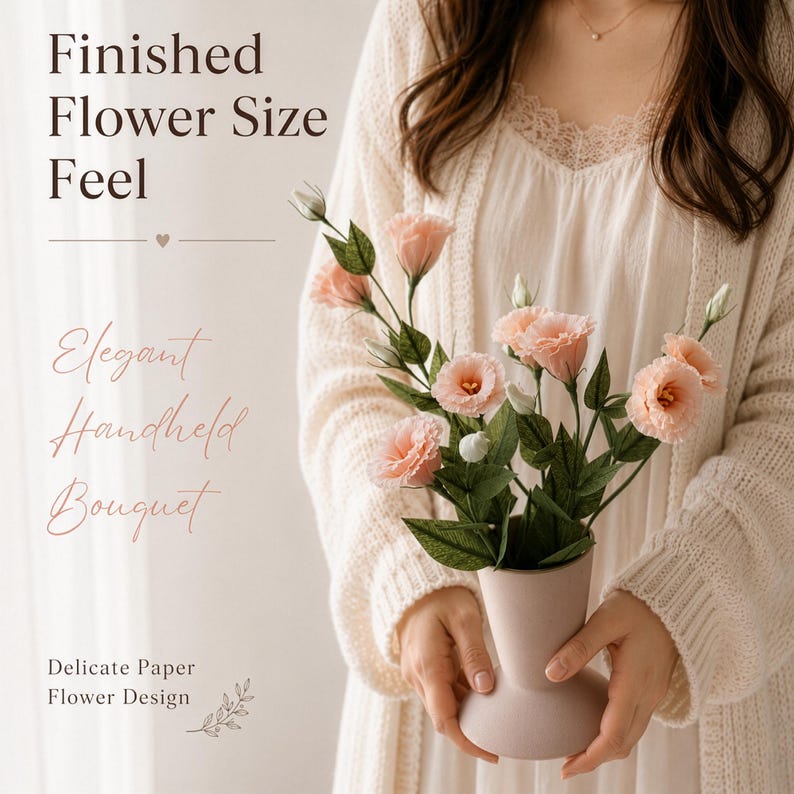 May include: A bouquet of peach-coloured paper flowers with green leaves in a matte beige vase. The text reads: Finished Flower Size Feel, Elegant Handheld Bouquet, Delicate Paper Flower Design. The flowers have ruffled petals and thin stems.