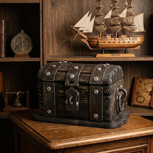 May include: A dark brown wooden treasure chest featuring a curved lid, reinforced with dark metal straps and silver-toned screws. The chest includes a central latch mechanism and a metal ring handle on the side, resting on a matching wooden base.