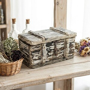 May include: A rectangular wooden storage chest with a distressed white and dark brown finish, featuring a hinged lid, reinforced corner detailing, and a central metal latch. The chest is positioned next to a small woven basket filled with dried herbs.