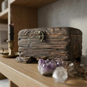 May include: A rectangular wooden box with a dark, weathered finish and prominent wood grain texture. The box features a brass-colored metal latch on the front and is supported by four small, block-style feet at the base, creating a sturdy appearance.