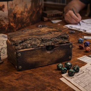 May include: A rustic wooden box with a bark-like lid sits on a wooden table, surrounded by dice, miniature figurines, and game materials. The box is dark brown with metal studs. A lit candle and a map are also visible.