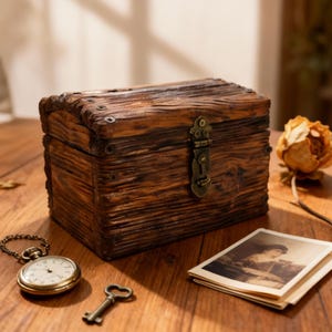 May include: A small wooden chest with a hinged lid and metal clasp, showing a rustic, weathered appearance with visible wood grain and metal accents. A vintage pocket watch, key, and old photographs are nearby.