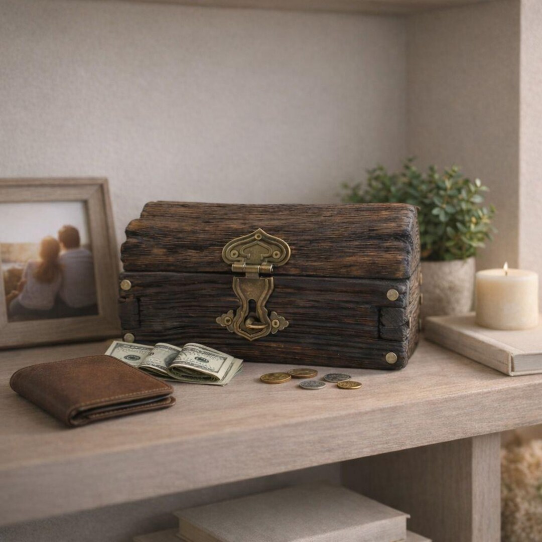 Rustic Money Image Handmade Wooden Piggy Bank Treasure Chest, Vintage Rustic Money Box ...