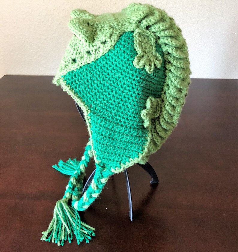 May include: Green crocheted hat with a dinosaur design. The hat has a long tail with a braided design and two tassels.