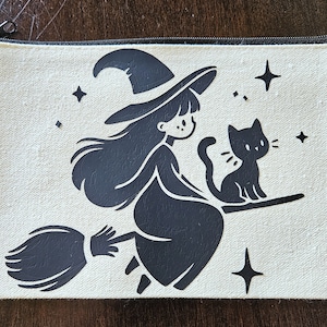 Cute Witch Riding Broom with Cat Zippered Bag - 8&quot;x5&quot; Cream Cotton Canvas Pouch