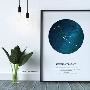 Taurus Star Constellation, Printable Art, Color Print, Instant download, Wall Poster, Astronomy, Navigation, Zodiac Sign, The Bull, Gift