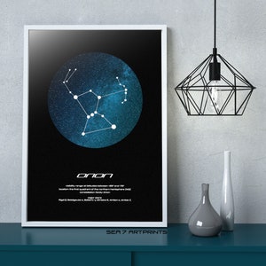 Orion Star Constellation 04, Arte imprimible, Negro, Círculo Azul, Descarga instantánea, Cartel de pared, Astronomía, Navegación, Regalo de estrellas, Mapa de estrellas