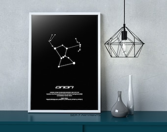 Orion Star Constellation 03, Printable Art, Black, White Stars, Instant download, Wall Poster, Astronomy, Navigation, Star Gift, Star Map
