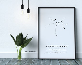 Sagittarius Star Constellation, Printable Art, Black and White, Instant download, Wall Poster, Astronomy, Navigation, Zodiac Sign, Gift