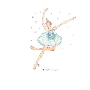 May include: A watercolor illustration of a ballerina wearing a light blue and white tutu with a snowflake design. She is wearing a crown and is in a pose with her arms outstretched. The background is white with snowflakes.