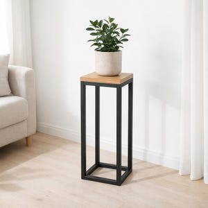 Könnte beinhalten: Ein hoher, quadratischer Pflanzenständer mit einem schwarzen Metallrahmen und einer Oberseite aus Naturholz. Ein kleiner, runder, hellfarbiger Topf mit einer grünen Pflanze steht oben. Der Ständer befindet sich in einem Raum mit hellen Wänden und Böden.