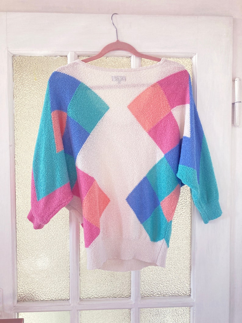 80s Vintage Cozy White Pastel Sweater Size S Knitwear Pullover Kawaii Decora Harajuku Pink Blue Green Aesthetic Clothing Creamy Casual