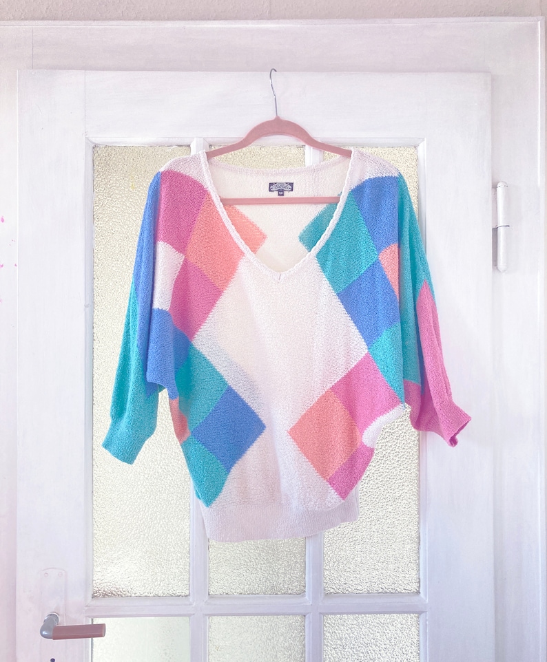 80s Vintage Cozy White Pastel Sweater Size S Knitwear Pullover Kawaii Decora Harajuku Pink Blue Green Aesthetic Clothing Creamy Casual