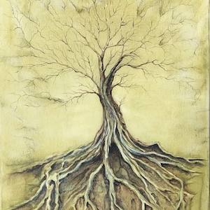 Original Painting Print on Giclee: “Tree of Life in Browns and Blues” Original Artwork Tree of Life with Roots