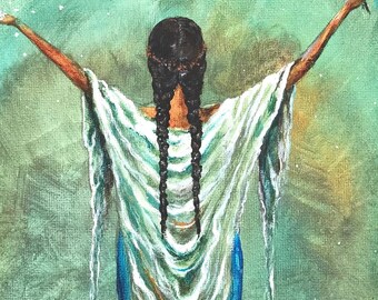 Original Painting Print: “Begin with Thanks” Original Artwork Female Figure with shawl and feather