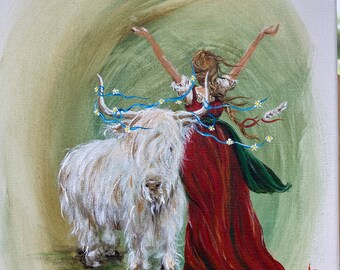 Original Painting Print: “Paulie” Original Artwork Female Figure with Highland Cow