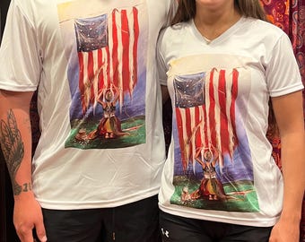 Men's Patriotic Tee shirt featuring original art: “Stitching It All Back Together” - Free Shipping