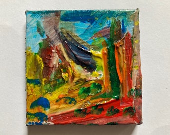 Very small colourful expressive abstract  painting, tiny canvas art, rainbow colours, bold lines and texture, mini square painting
