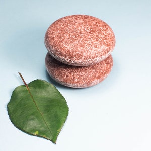 May include: Two brown solid shampoo bars stacked on top of each other on a light blue background with a green leaf to the side.