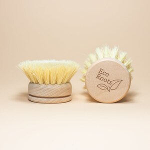 May include: Two wooden-handled scrub brushes with natural bristles. The brush on the right has the words "Eco Roots" and a leaf design engraved on the handle.