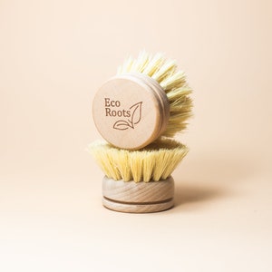 May include: Two natural bristle dish scrubbers with wooden handles. The top scrubber has the logo "Eco Roots" printed on the handle.