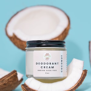May include: A white jar of coconut deodorant cream with a black lid. The jar is sitting on top of a half coconut shell. The label on the jar reads "Eco Roots Deodorant Cream Coconut Baking Soda Free 2 oz."