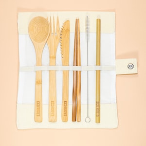 Zero Waste Plastic Free Reusable Bamboo Cutlery Set Fork, Spoon, Knife, Chopsticks, Straw