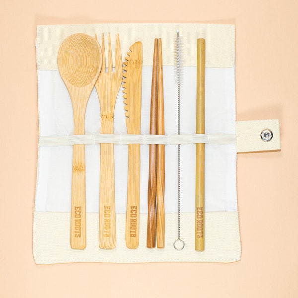 Zero Waste Plastic Free Reusable Bamboo Cutlery Set Fork, Spoon, Knife, Chopsticks, Straw