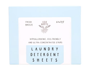 May include: A blue box of 64 laundry detergent sheets from Eco Roots in the Fresh Breeze scent. The box says "Hypoallergenic, Eco-Friendly and Ultra-Concentrated Strips".