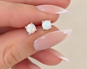 Sterling Silver White Synthetic Opal Stud Earrings • Minimalist