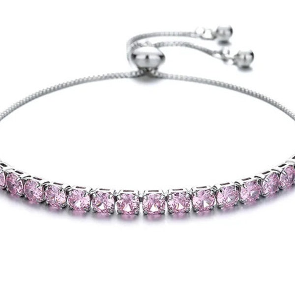 Pink Sterling Silver Adjustable Tennis Bracelet