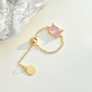 Pink Rectangle Adjustable Chain Ring in Sterling Silver