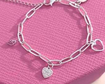 Bracelet à breloques en argent sterling : breloques aile d'ange et coeur avec chaîne d'extension
