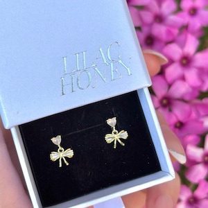 Bow Gold Dangle Earring Studs in Sterling Silver with Pink Baby Hearts
