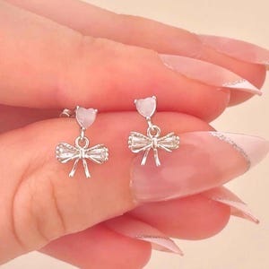 Silver Bow Dangle Earring Studs in Sterling Silver with Pink Baby Hearts