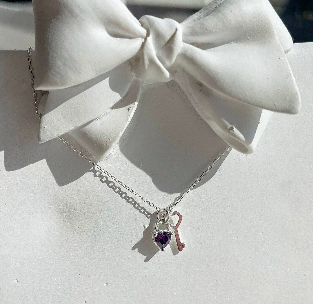 Purple Heart Locket and Key Necklace in Sterling Silver Etsy UK