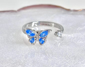 Sterling Silver Spinning Blue Butterfly Adjustable Ring
