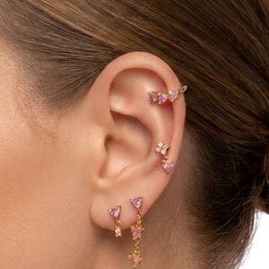 Four Piece Hearts Earring Stacking Set in Pink and Gold (Single Ear)