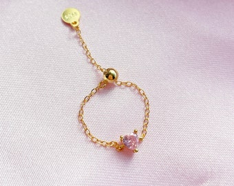 Pink Heart Gold Chain Adjustable Ring in Sterling Silver