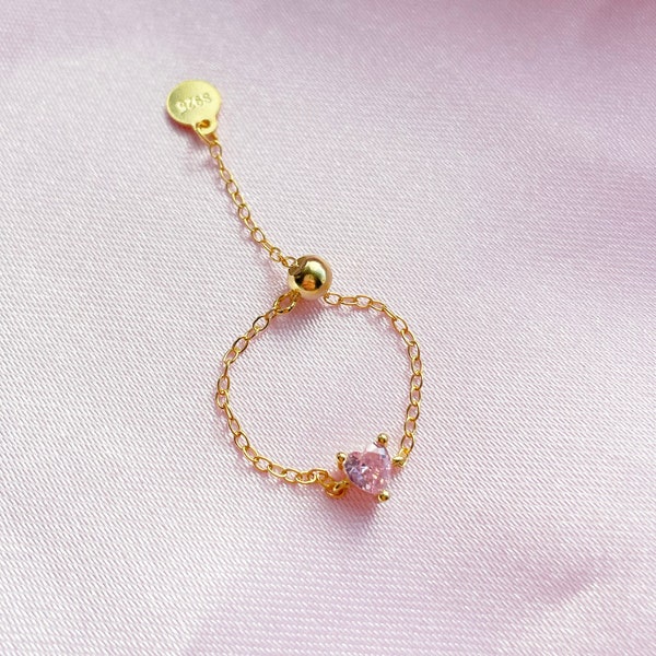 Pink Heart Gold Chain Adjustable Ring in Sterling Silver