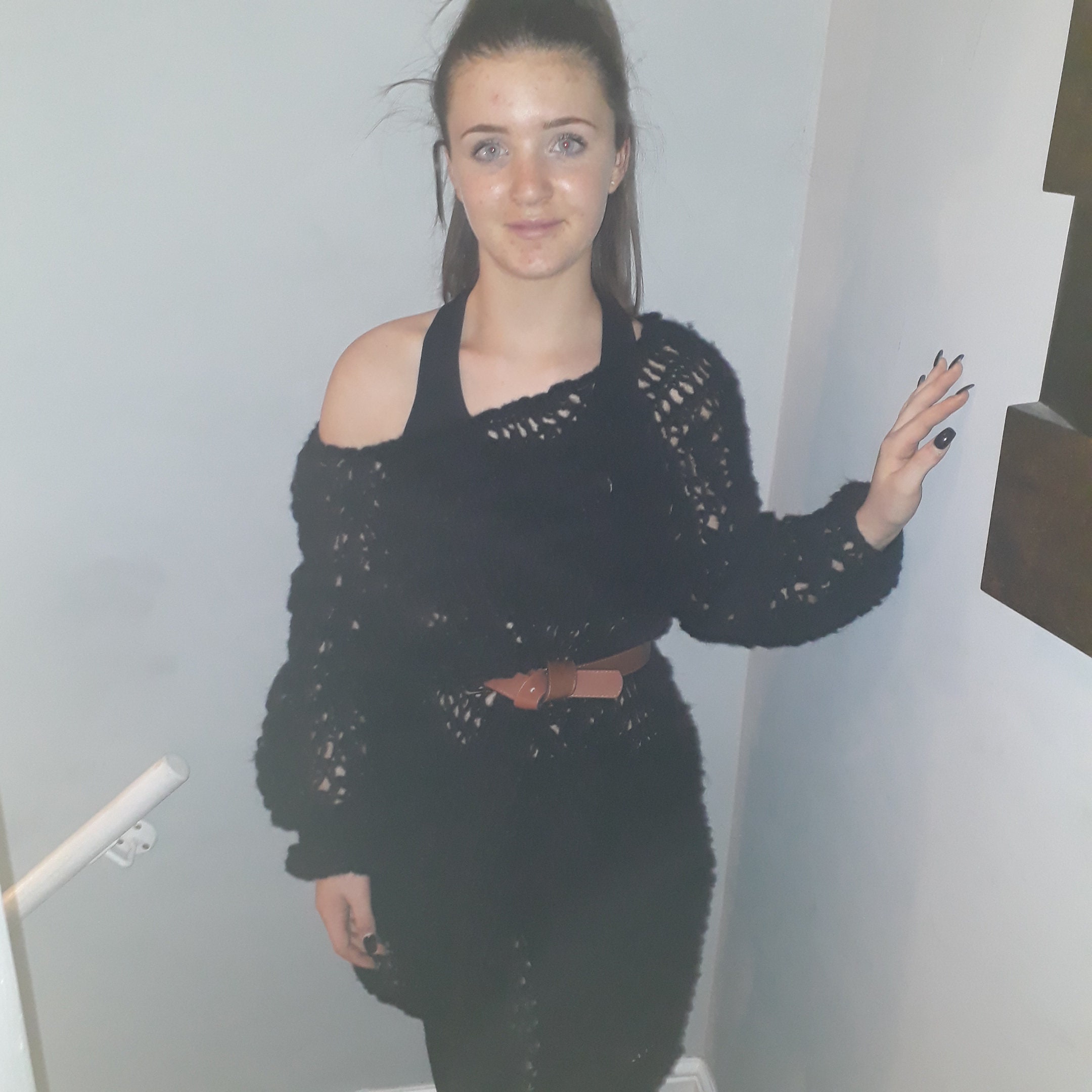 Image of Plus Size Loose Knit Dress/Jumper Sweater Wool Mix Mohair Look Hand Knitted. Punk Boho Grunge Hippy, Goth, Rock. Black Small To Plus Size