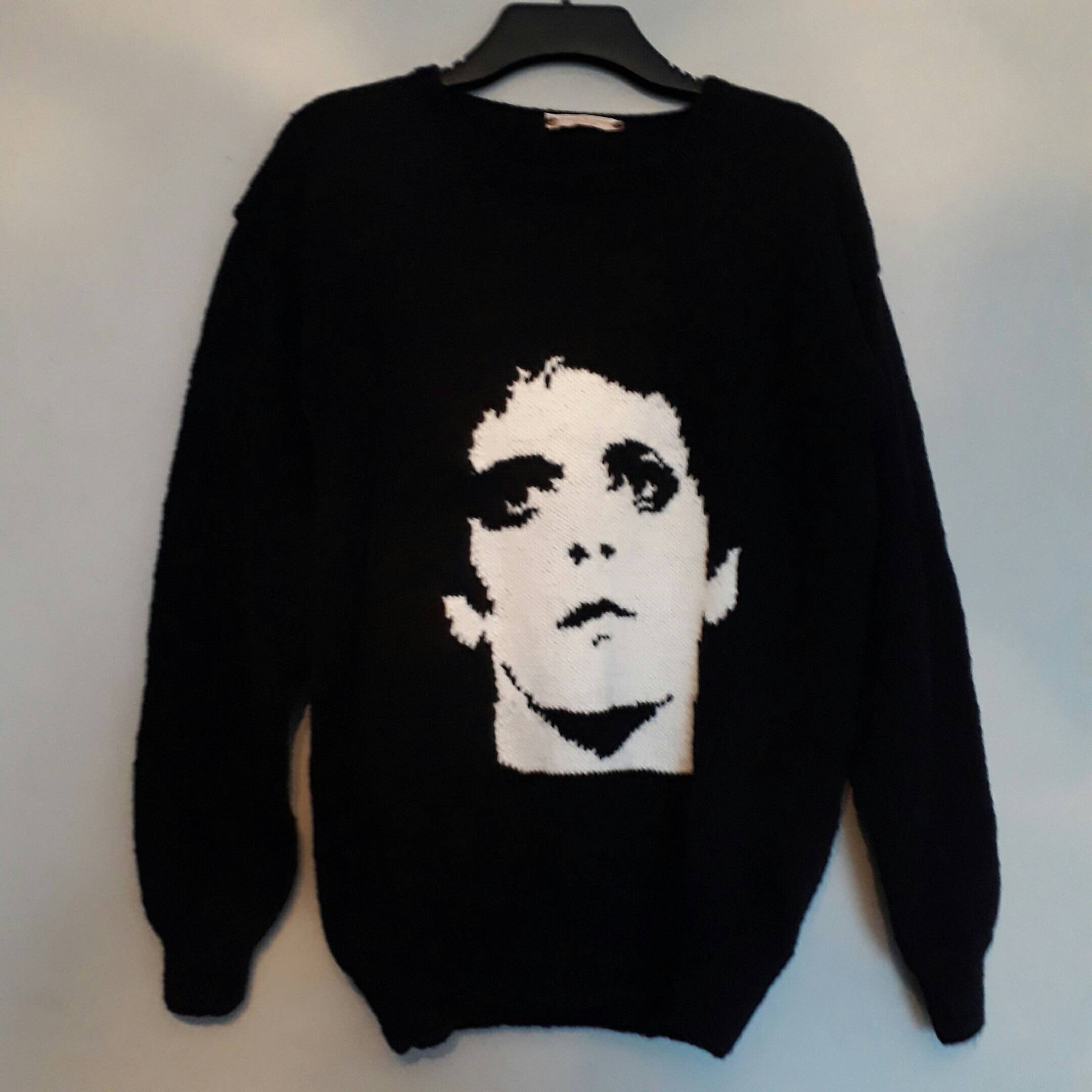 Image of Lou Reed Jumper. Hand Knitted Uk. Intarsia On Front Inspired By His 1972 Transformer Album Cover. Black. Size Large. 100% Luxury Merino Wool