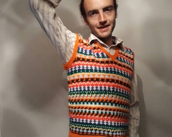 Paul McCartney sweater vest tanktop jumper, replica of the one he famously wore in the Beatles film Magical Mystery Tour. Hand knitted large